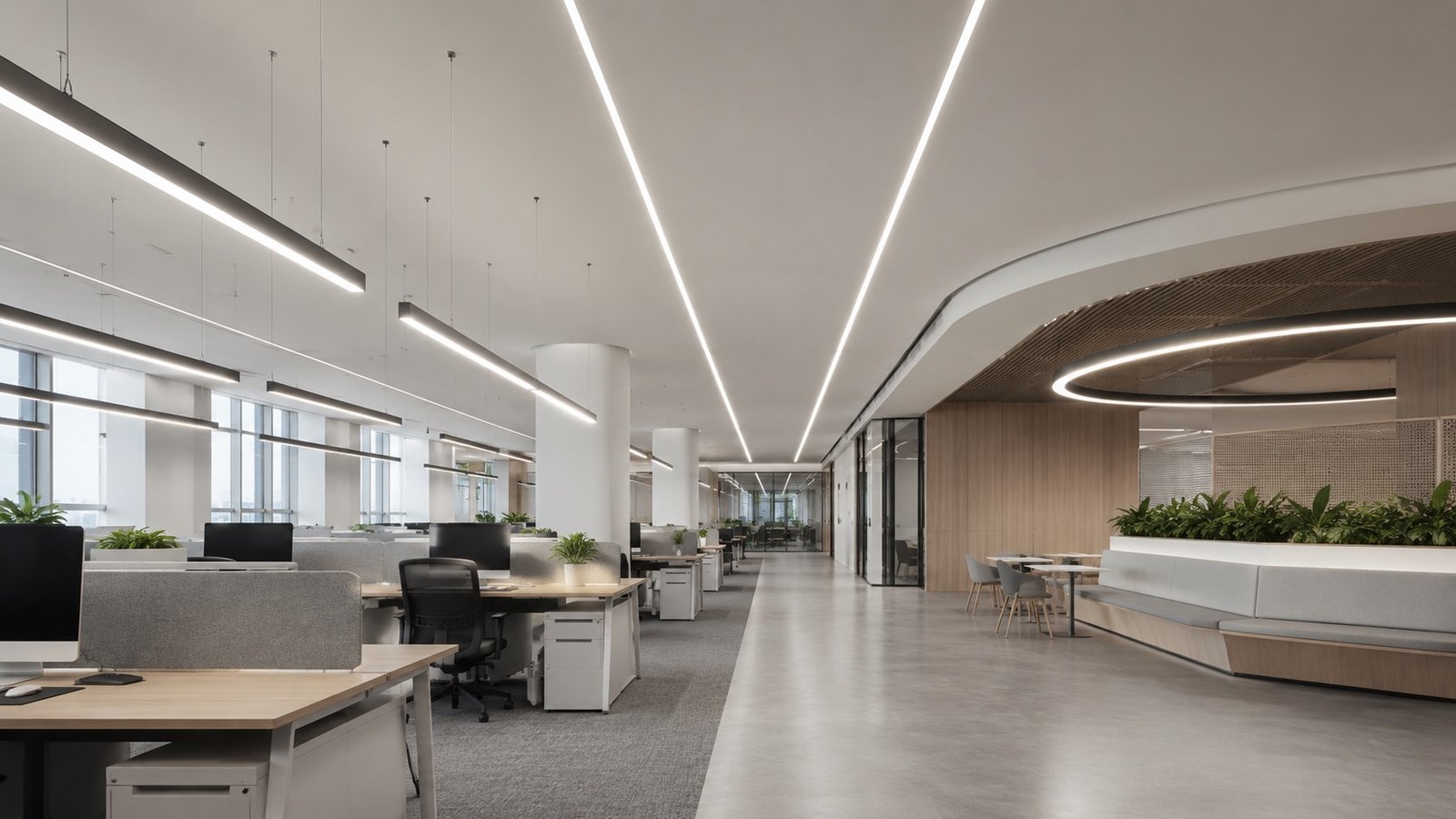 Architectural linear lighting in a modern commercial interior with suspended and recessed LED lines