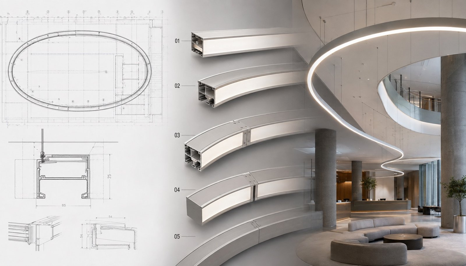 Custom curved and straight linear lighting system prepared from architectural drawings for a commercial project