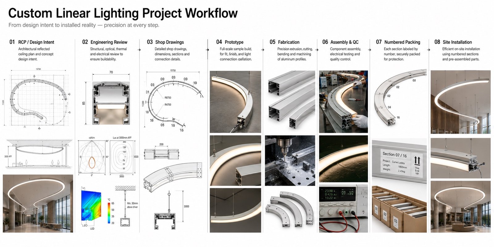 Custom linear lighting project workflow from RCP through engineering fabrication quality control packing and installation