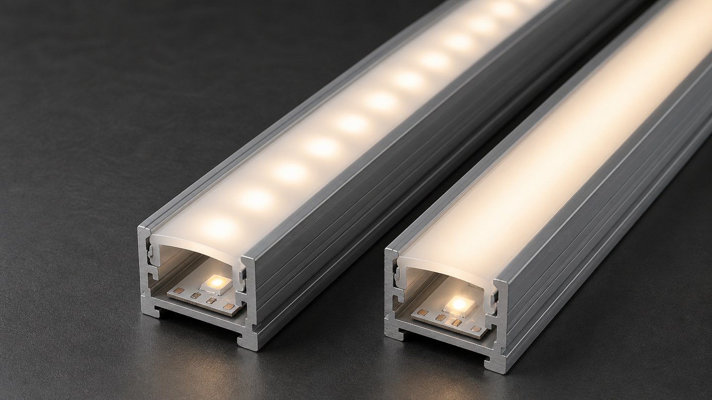 Concept illustration of visible LED dots beside a blended line in aluminum channels.