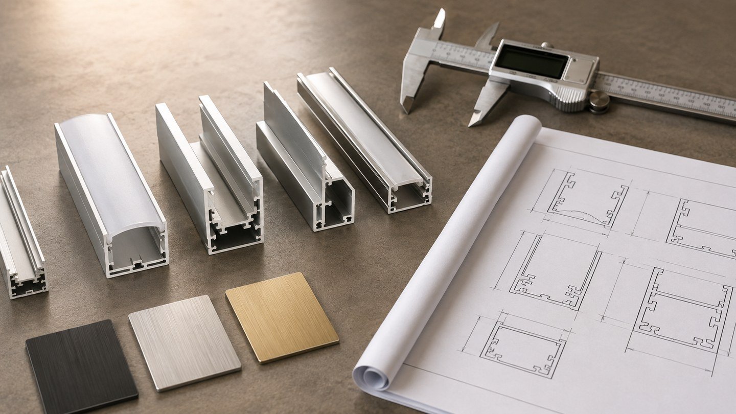 Concept illustration of aluminum profile samples, drawing, caliper and finish swatches.