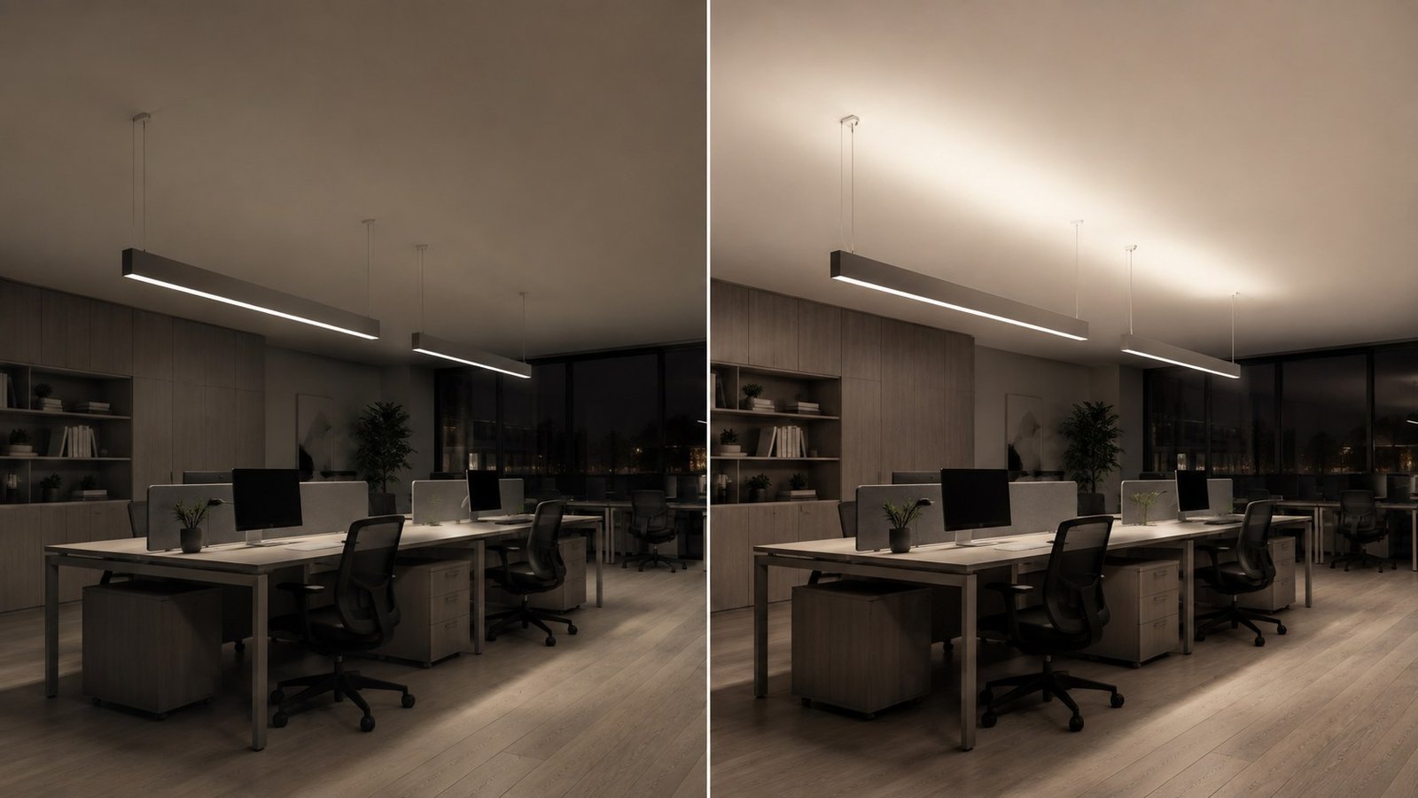 Concept comparison of office linear lighting, with downward light at left and added ceiling uplight at right