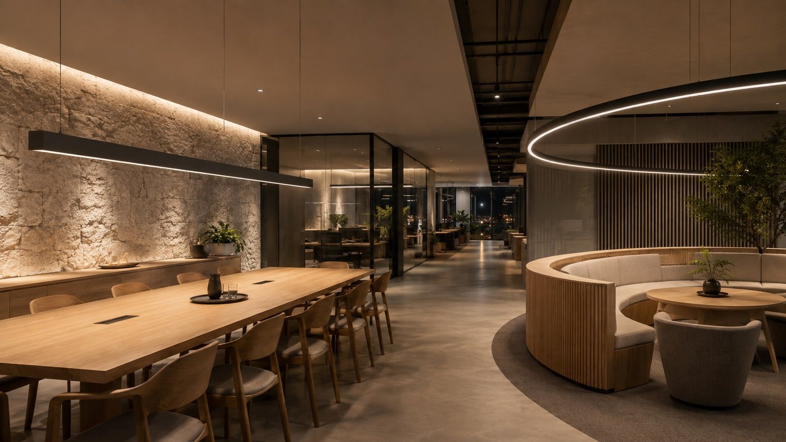 Hybrid office concept with a table luminaire, illuminated wall and curved feature over social seating