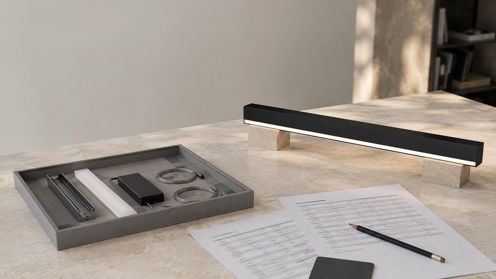 Concept render of a luminaire sample and separate components beside quotation review sheets