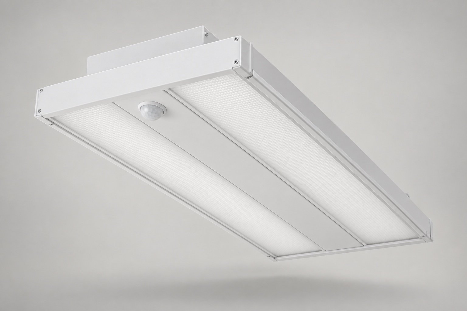 Illustrative rectangular linear high bay with dual optical windows and an occupancy sensor.