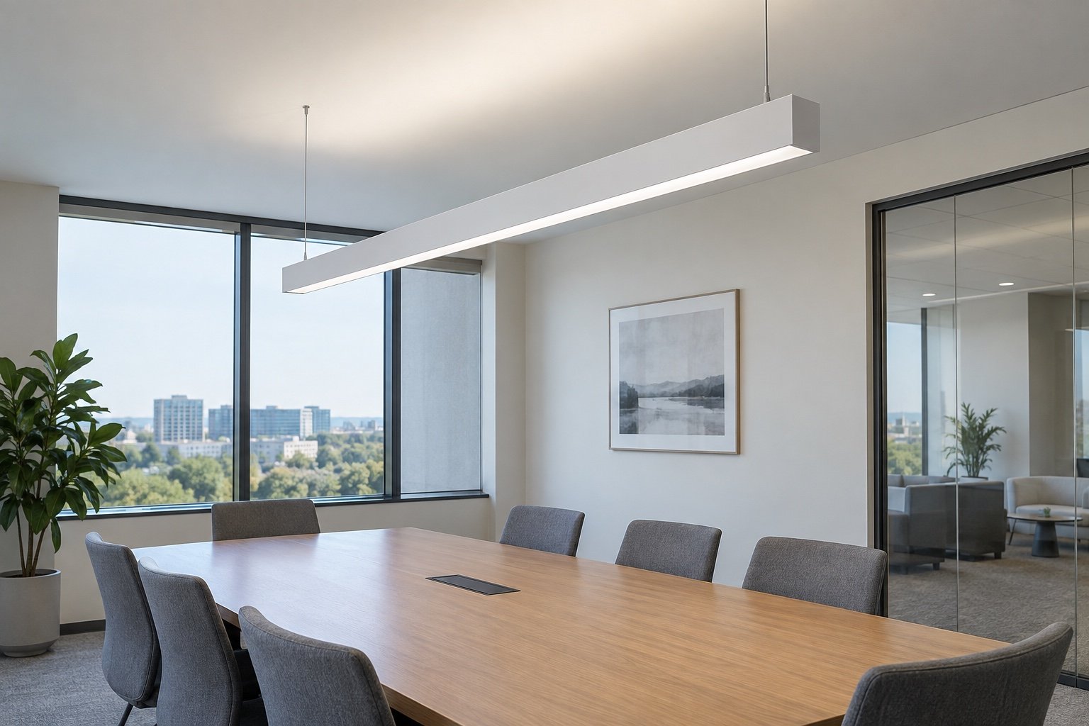 Illustrative office scene with a suspended direct and indirect linear luminaire.