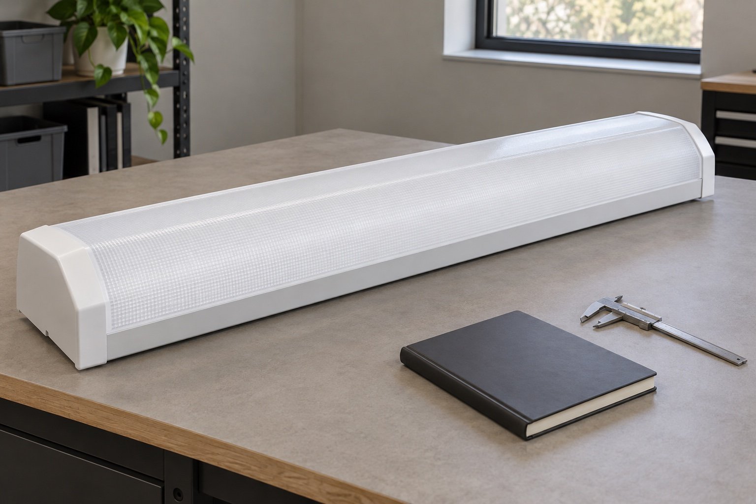 Illustrative linear luminaire sample on a product review workbench.