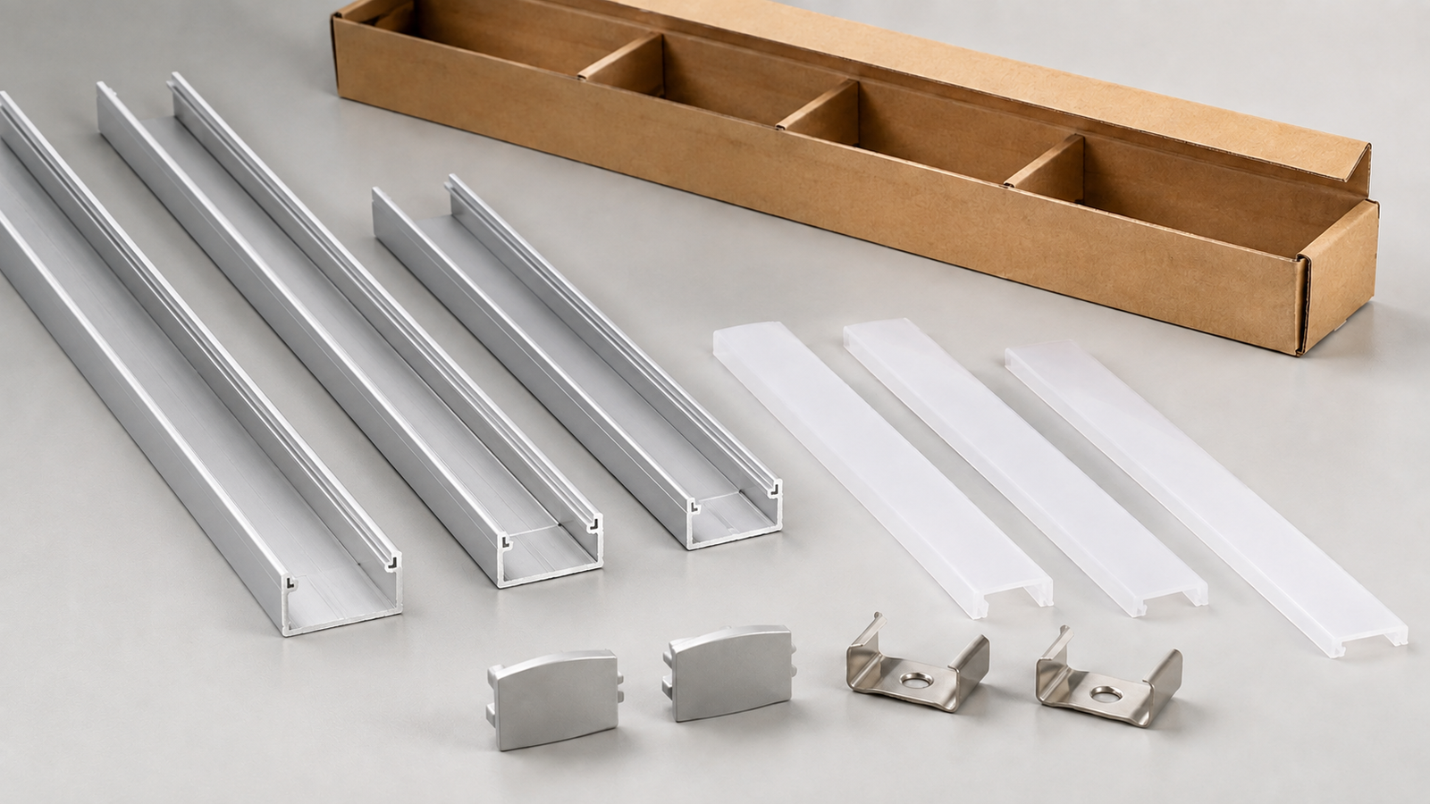 Concept render of open aluminum LED channels with separate opal covers, end caps, mounting clips and protective packaging.