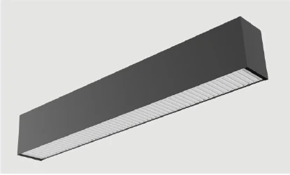 Dark AM25 linear lighting assembly with a louvered optical face