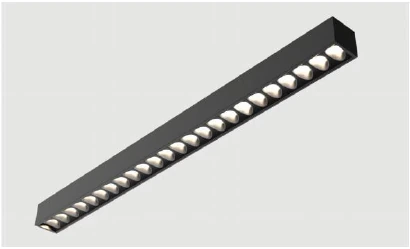 Dark BOC-UGR linear lighting assembly with a row of individual optical cells