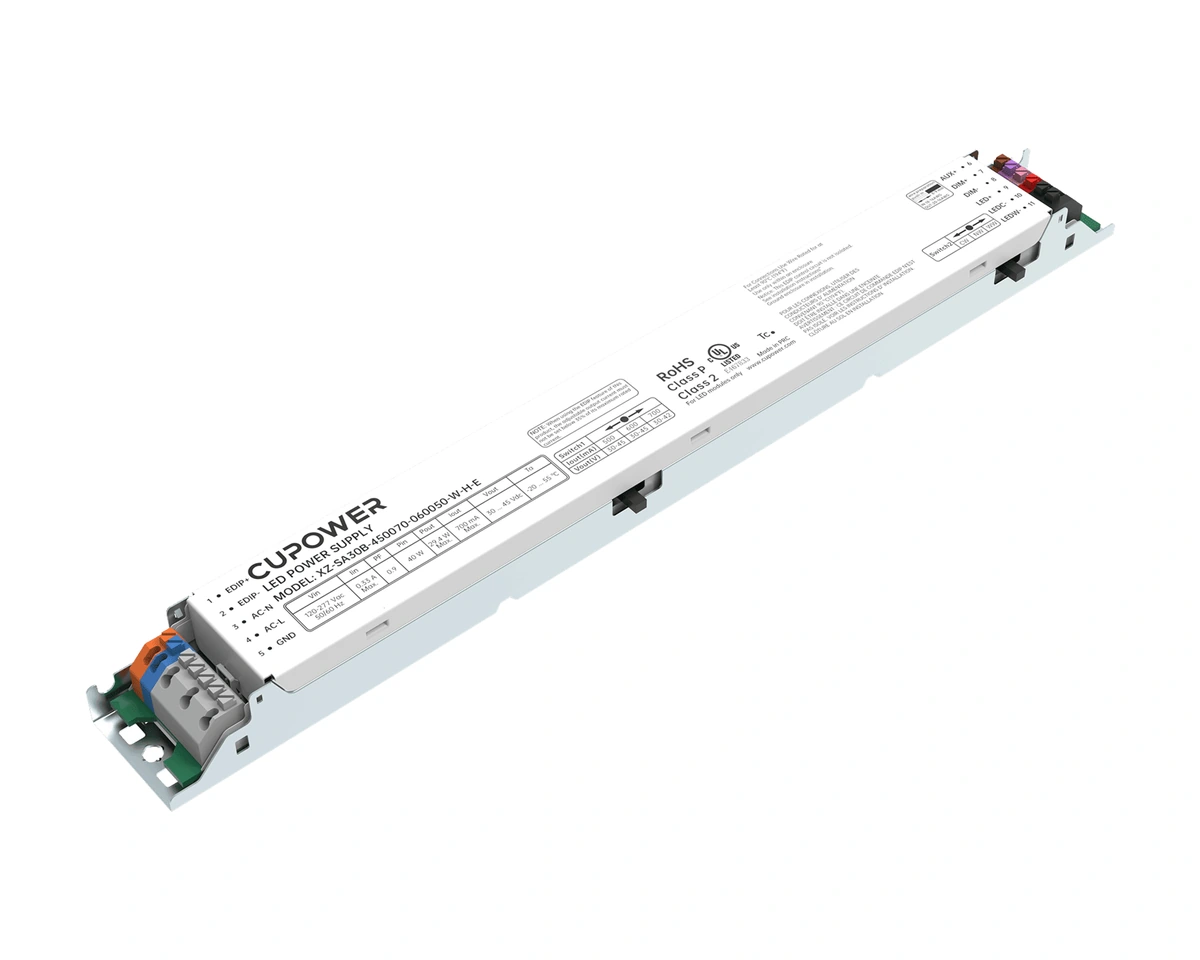 CUPower 0-10V dimming LED driver with a slim white housing and exposed end terminals