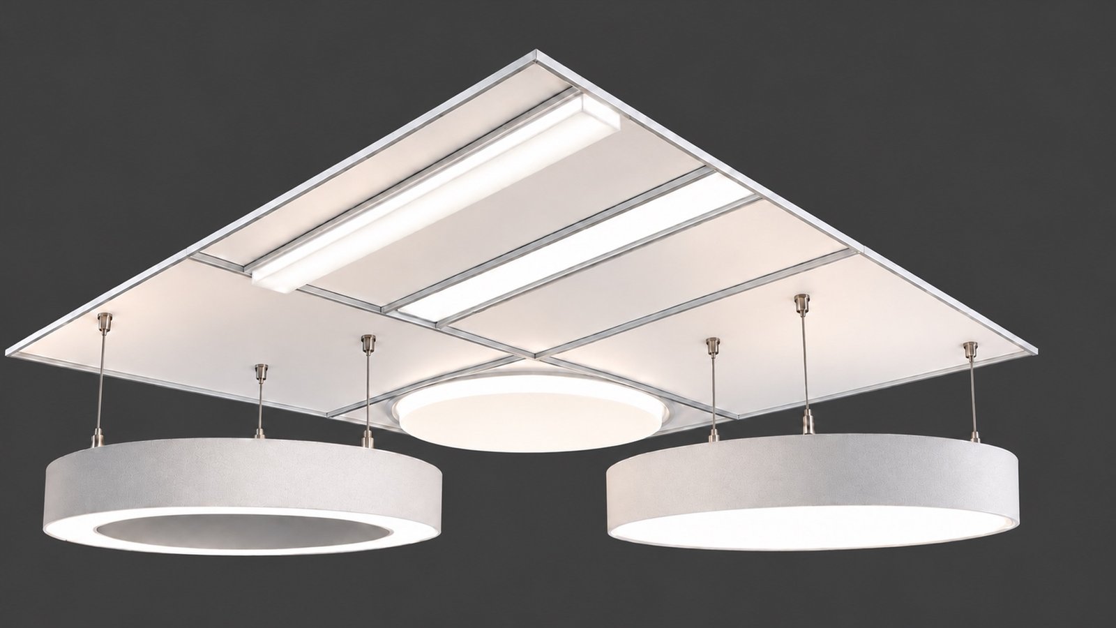 Architectural ceiling lighting with linear, ring and circular luminaires