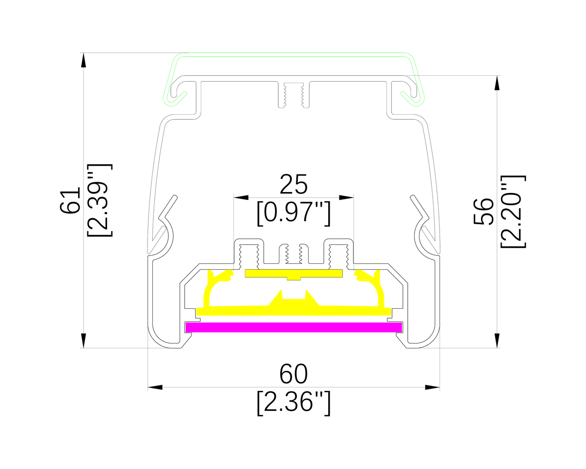 BCM02 linear lighting profile cross-section drawing with dimensions in millimeters and inches