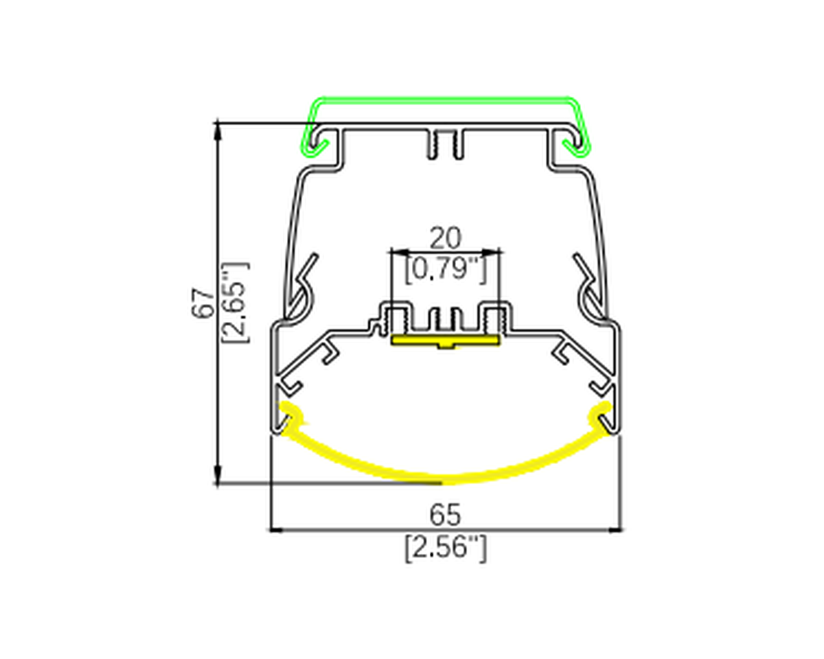 BCM03 linear lighting profile cross-section drawing with dimensions in millimeters and inches