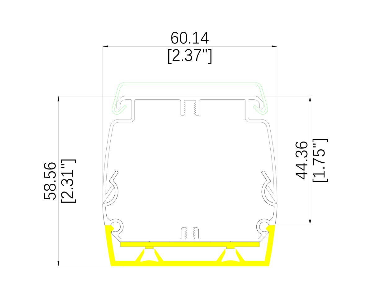 BCM04 linear lighting profile cross-section drawing with dimensions in millimeters and inches