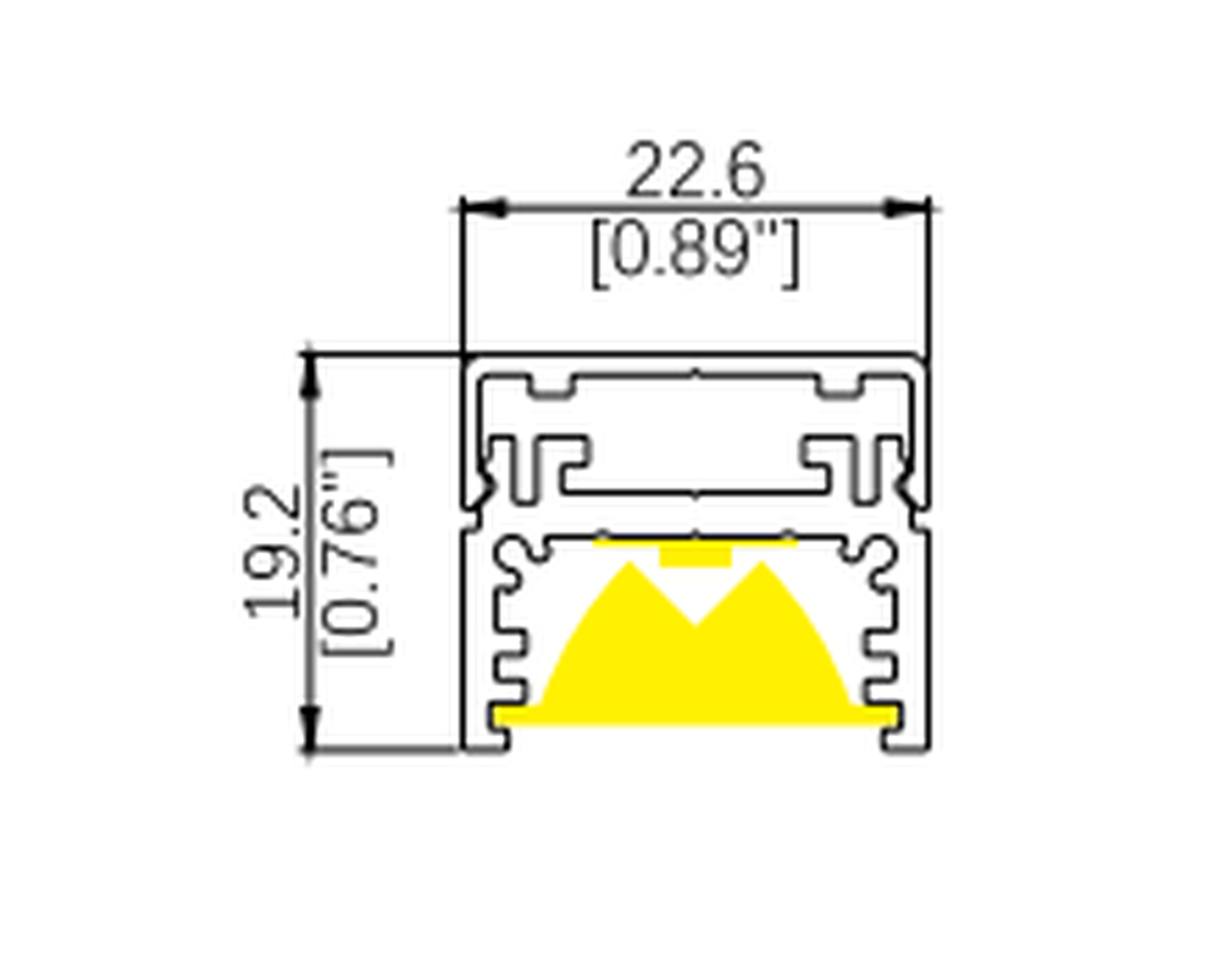 BOC linear lighting profile cross-section drawing with dimensions in millimeters and inches