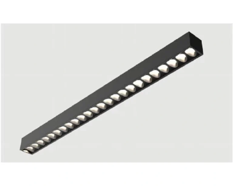 Dark BOC-UGR linear lighting assembly with a row of individual optical cells