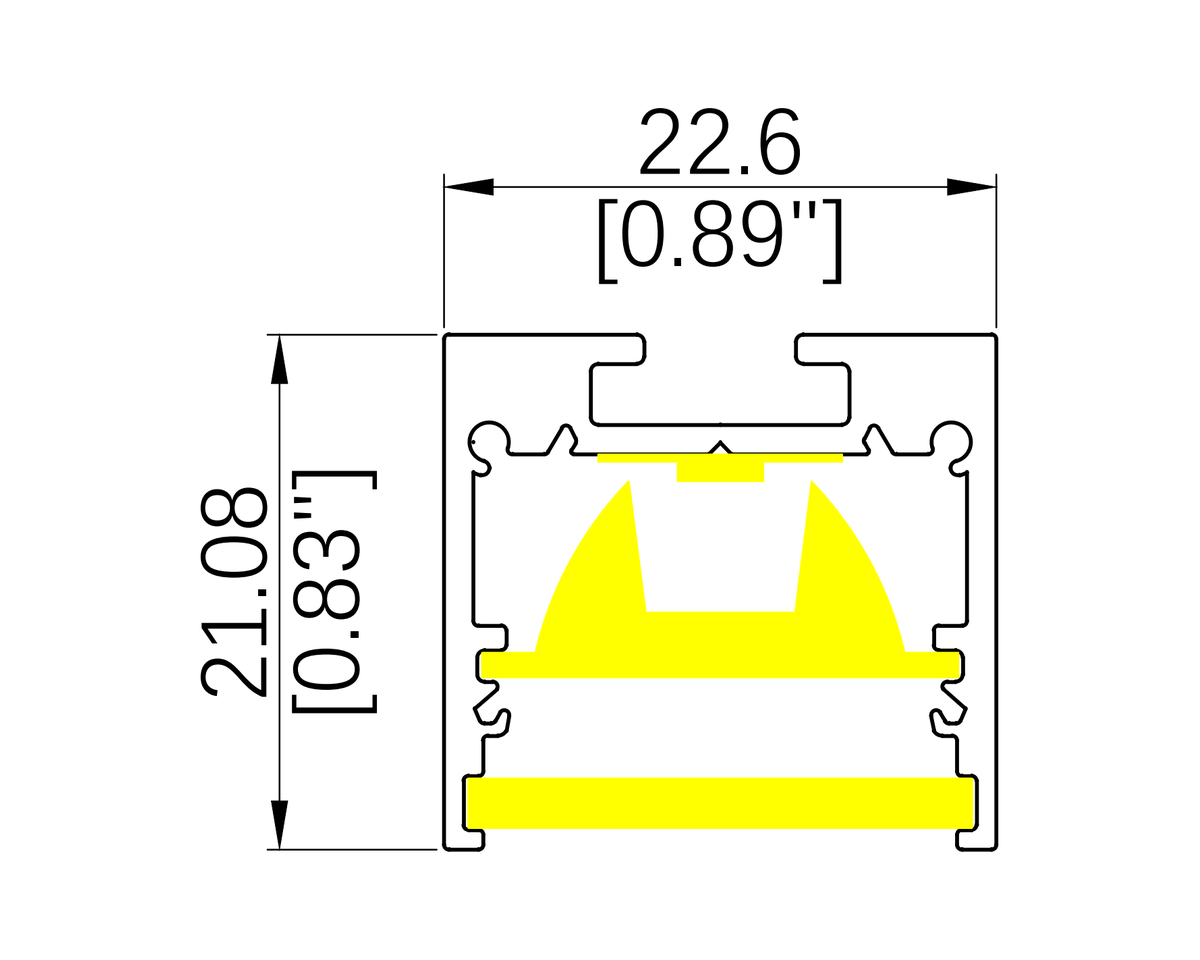 BOC-UGR linear lighting profile cross-section drawing with dimensions in millimeters and inches