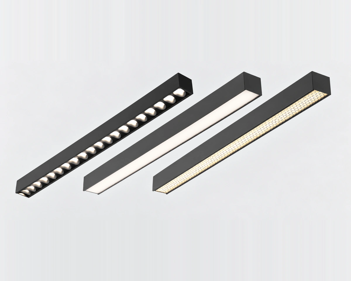 BOC-UGR black linear lighting profiles with three optical configurations