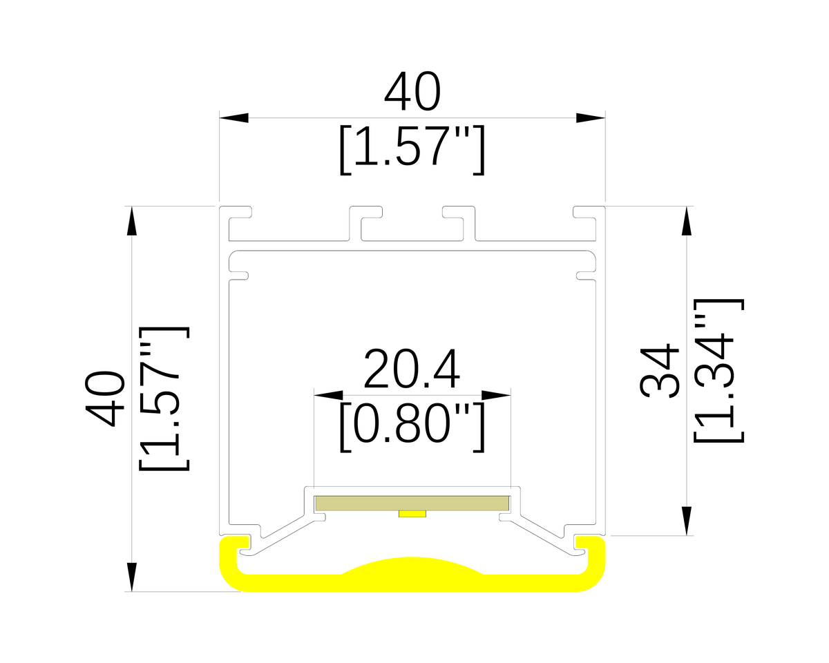 CDB linear lighting profile cross-section drawing with dimensions in millimeters and inches
