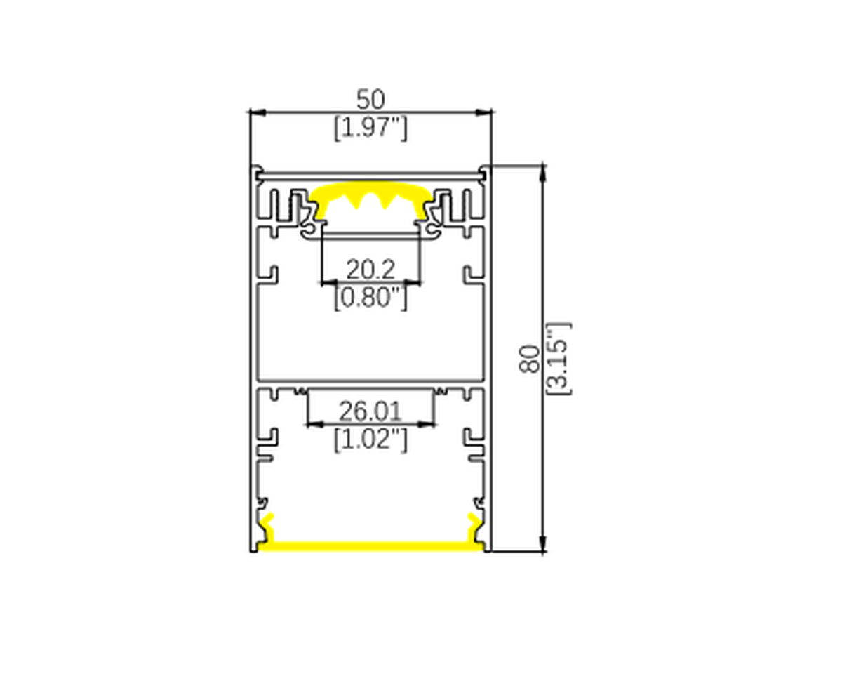 CIB linear lighting profile cross-section drawing with dimensions in millimeters and inches