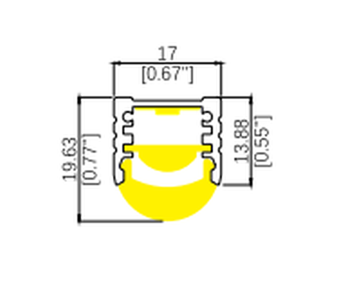 CMB linear lighting profile cross-section drawing with dimensions in millimeters and inches