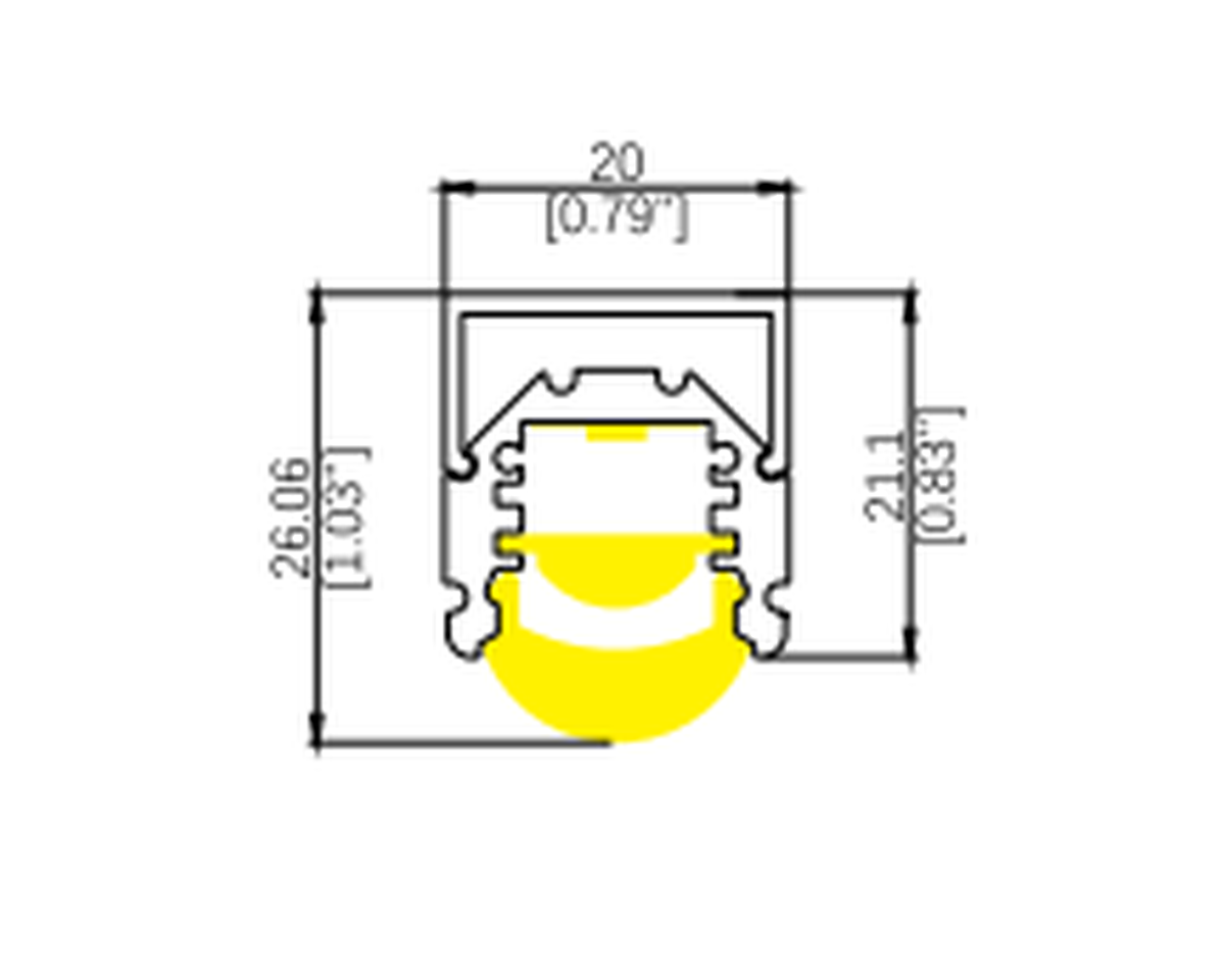 CMB PLUS linear lighting profile cross-section drawing with dimensions in millimeters and inches