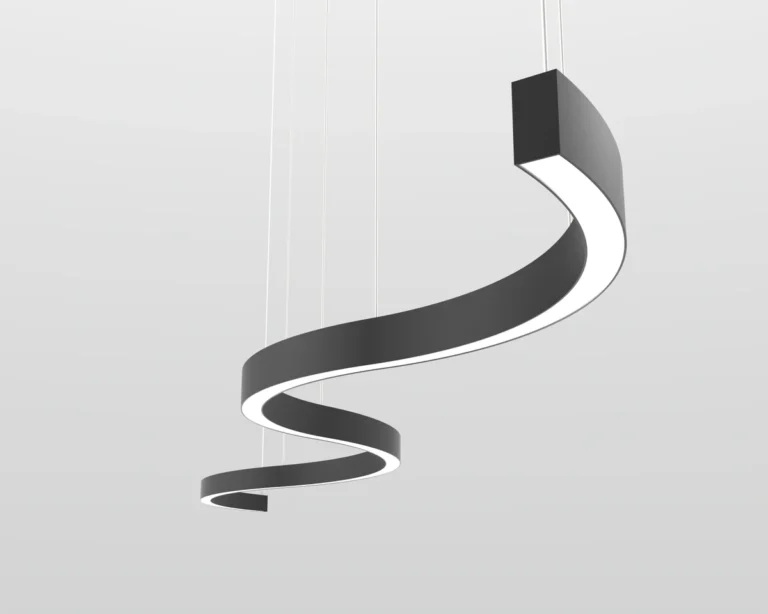 Custom S-shaped suspended curved LED profile with a black housing and illuminated diffuser