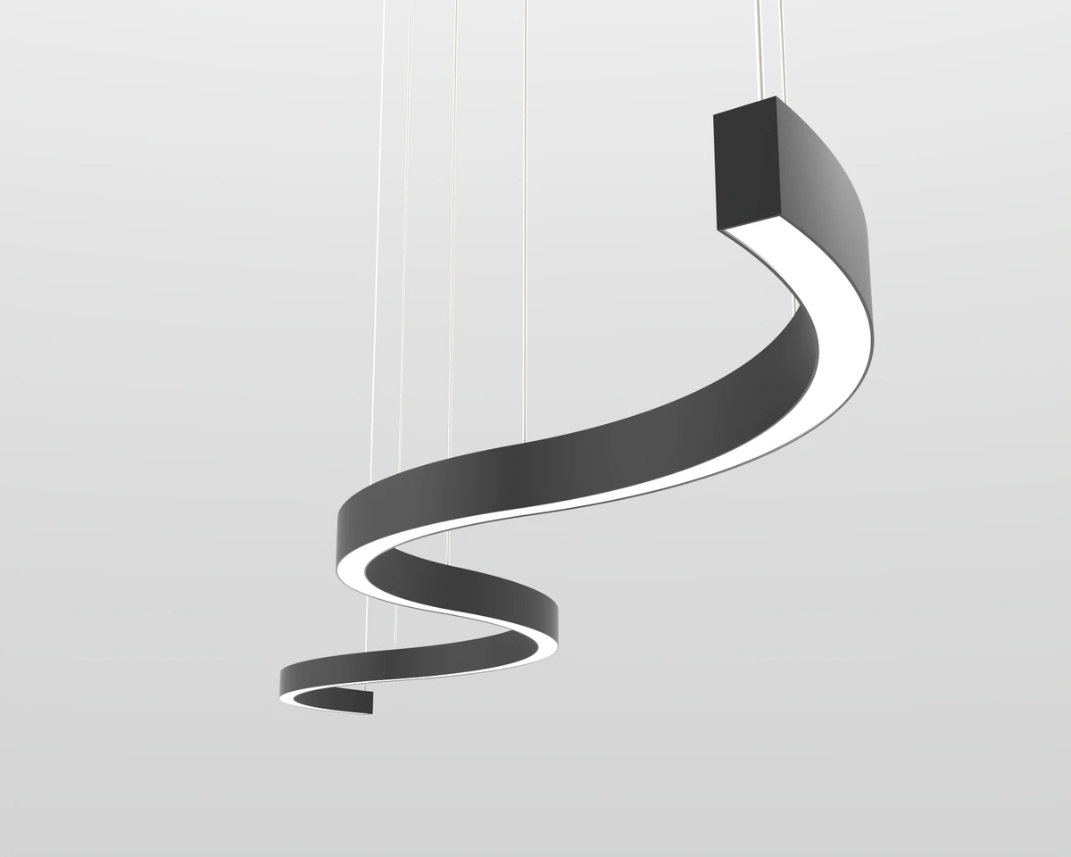 Custom S-shaped suspended curved LED profile with a black housing and illuminated diffuser