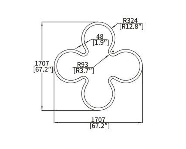 FLW24 four-lobe flower curved LED profile geometry and dimension drawing from the Felix catalogue