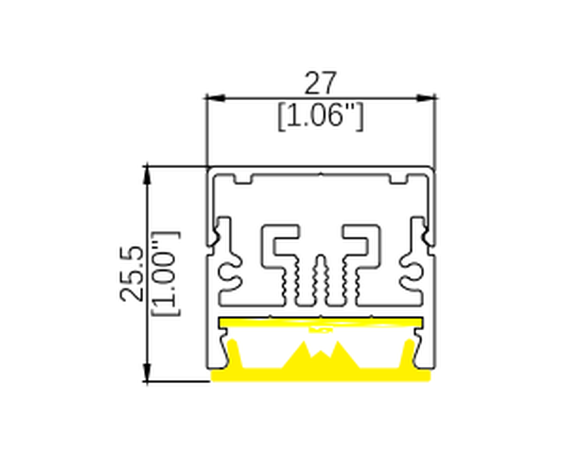 HB linear lighting profile cross-section drawing with dimensions in millimeters and inches