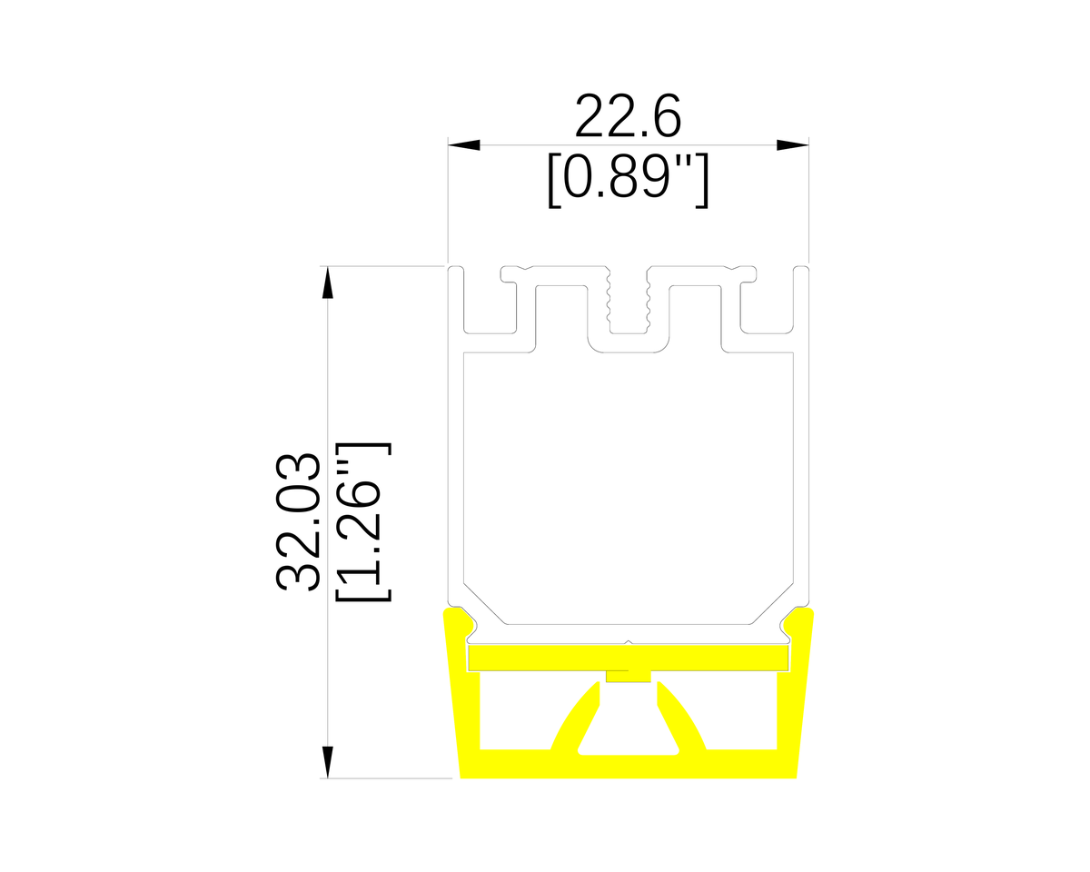 HBMC linear lighting profile cross-section drawing with dimensions in millimeters and inches
