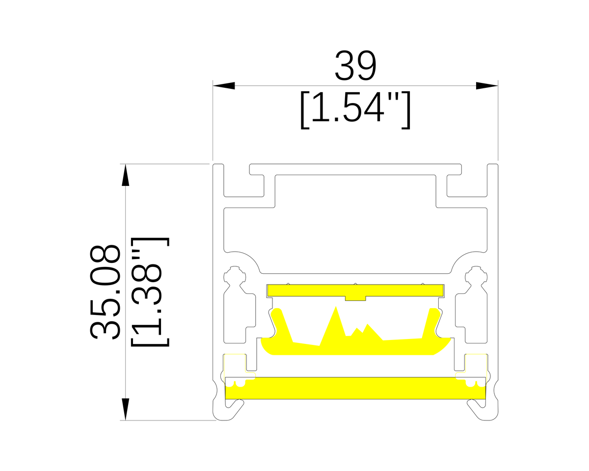 HBWT linear lighting profile cross-section drawing with dimensions in millimeters and inches