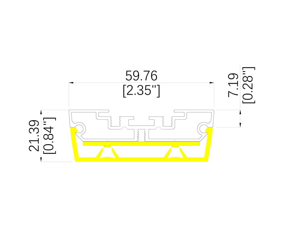 HSBC linear lighting profile cross-section drawing with dimensions in millimeters and inches
