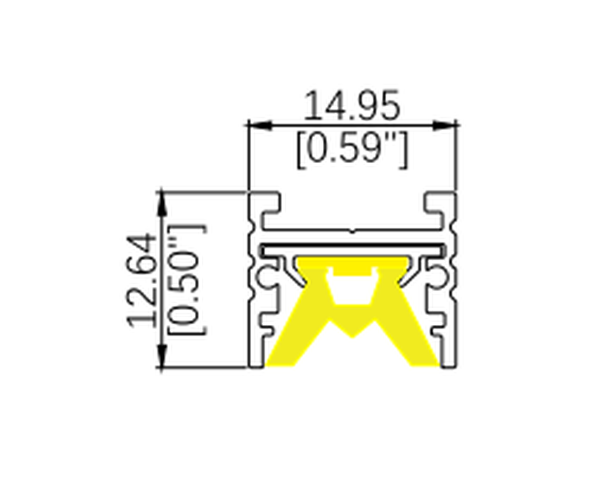MONA linear lighting profile cross-section drawing with dimensions in millimeters and inches
