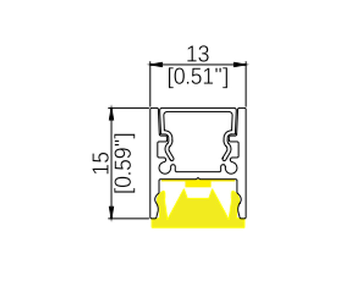 MONI linear lighting profile cross-section drawing with dimensions in millimeters and inches