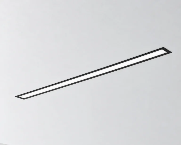 BOC Series recessed linear light with black trim installed in a ceiling