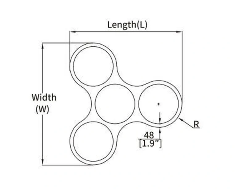 RNG2A curved LED profile with four circular elements and dimension annotations from the Felix catalogue
