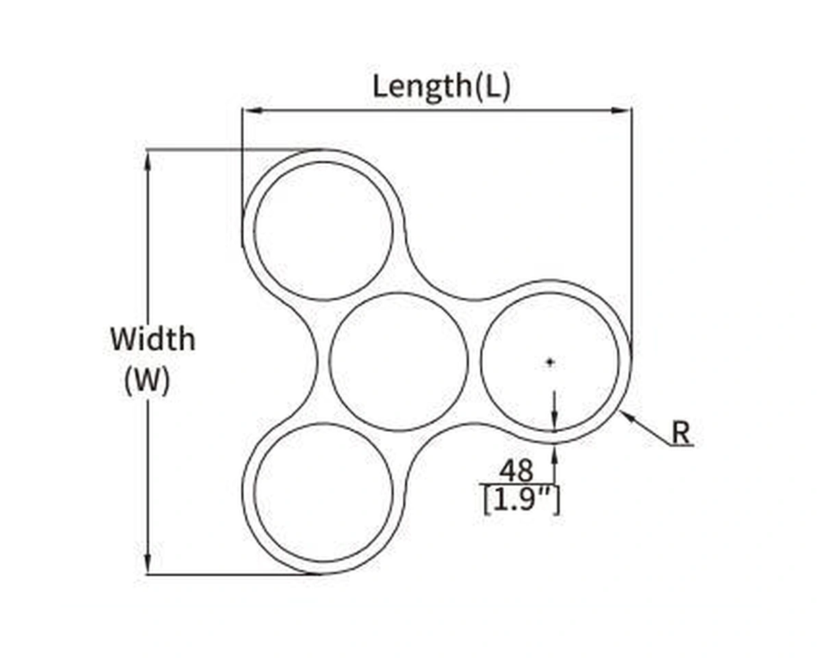 RNG2A curved LED profile with four circular elements and dimension annotations from the Felix catalogue