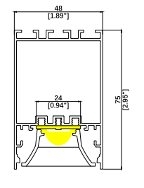 VLG linear lighting profile cross-section drawing showing 48 mm width, 75 mm height and 24 mm internal width