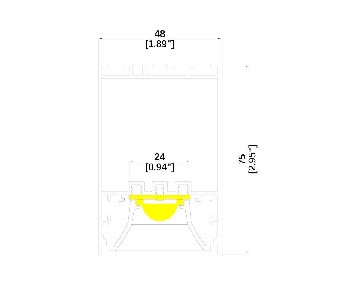 VLG linear lighting profile cross-section drawing with dimensions in millimeters and inches