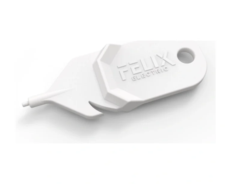 White wire release tool with a tapered tip and a hanging hole for LED terminal connections