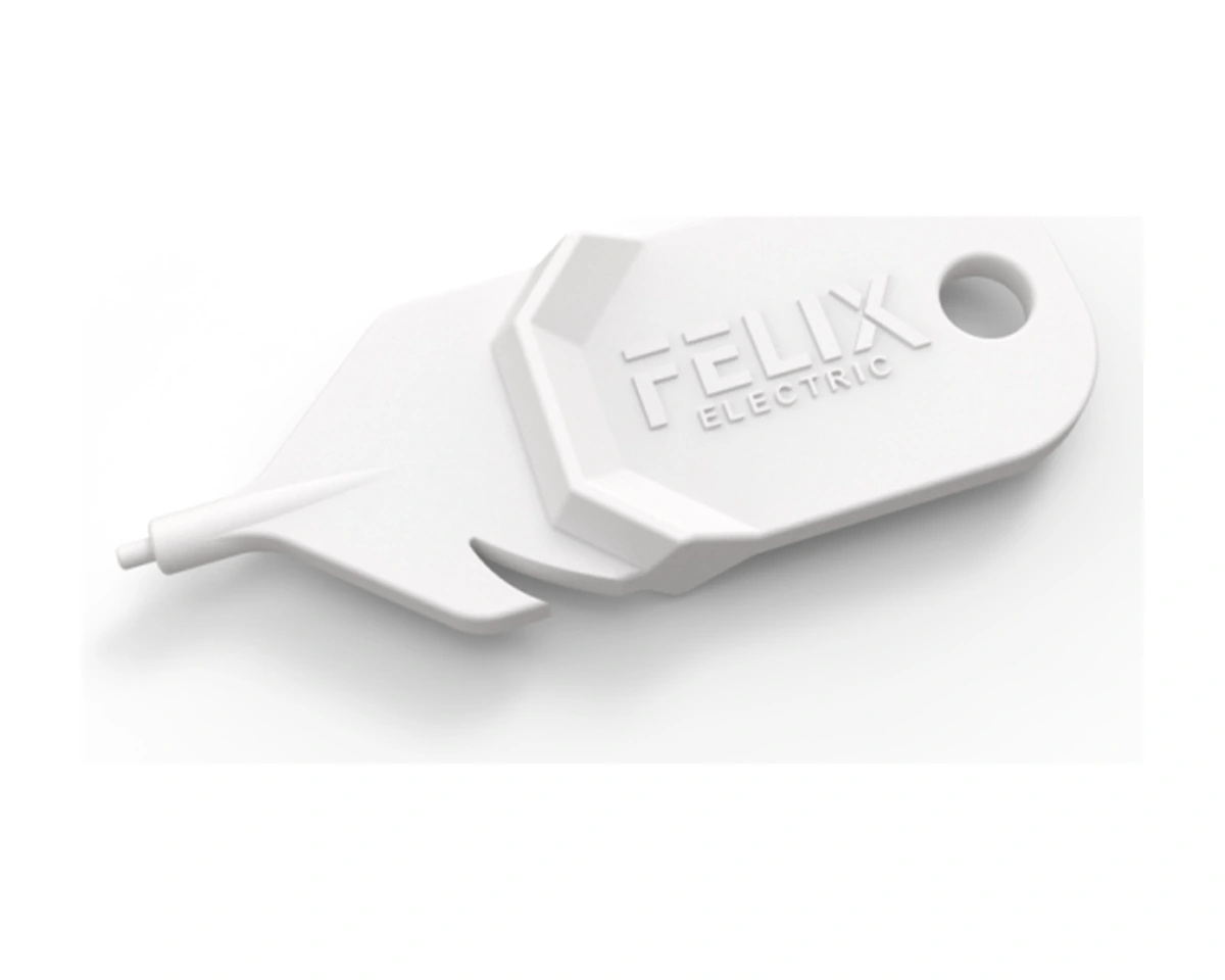 White wire release tool with a tapered tip and a hanging hole for LED terminal connections