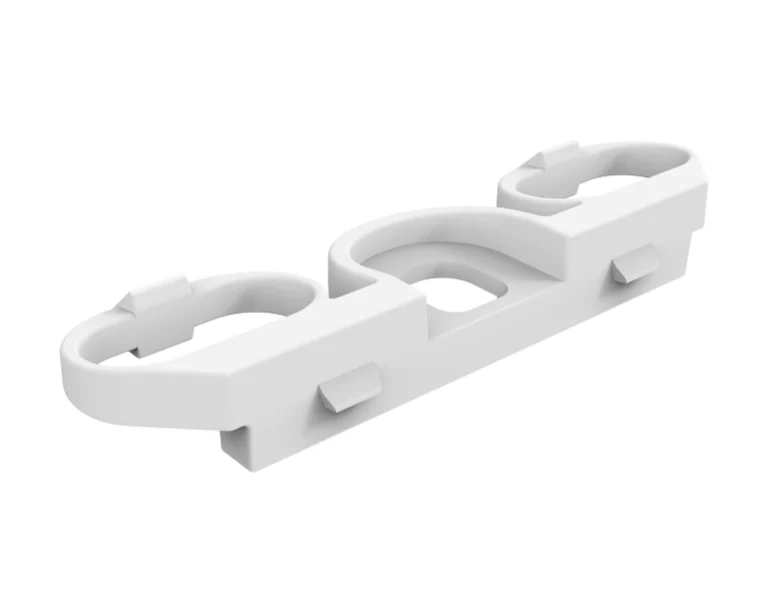 White PCB retaining clip with two screw openings for securing an LED module