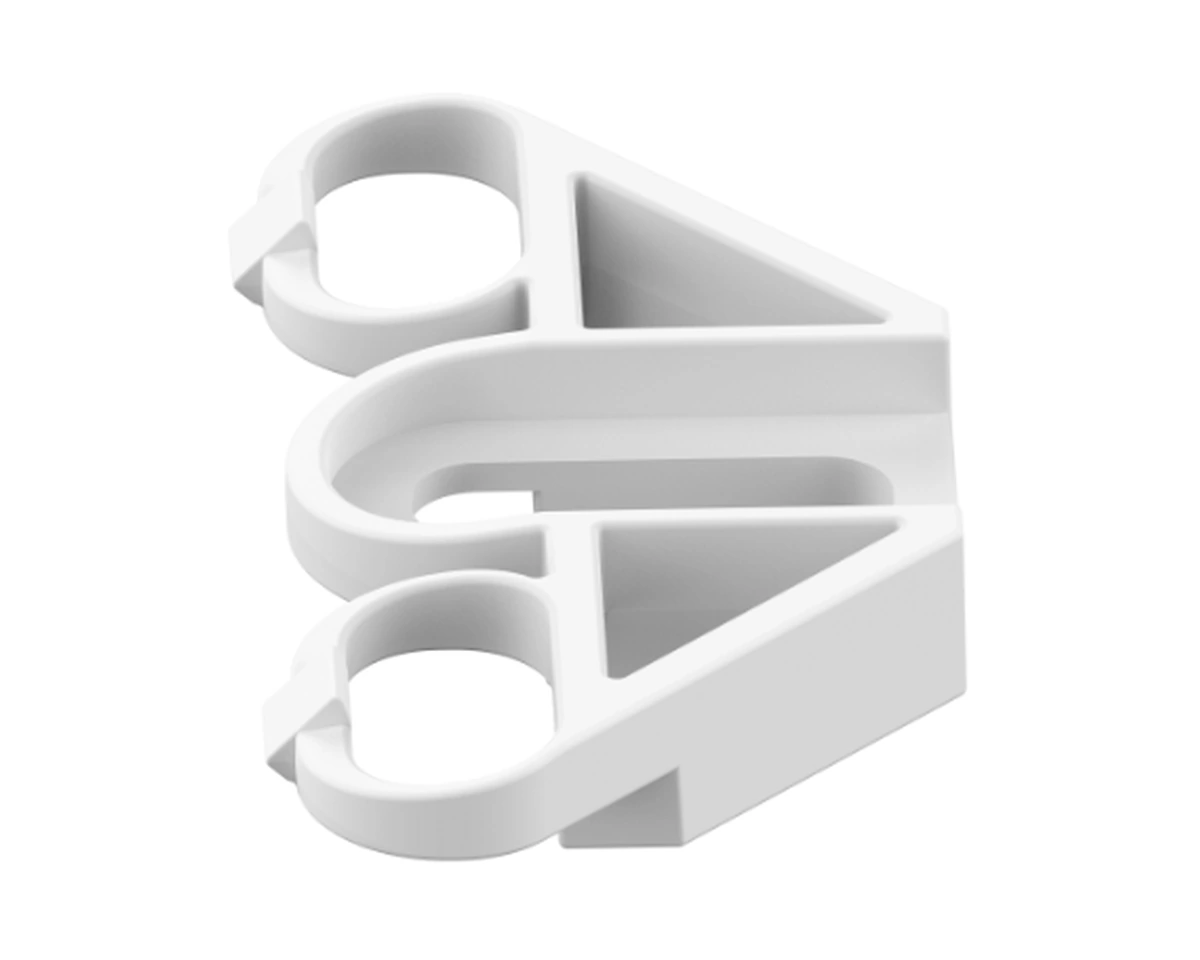 White PCB retaining clip with two raised mounting loops and a central board channel