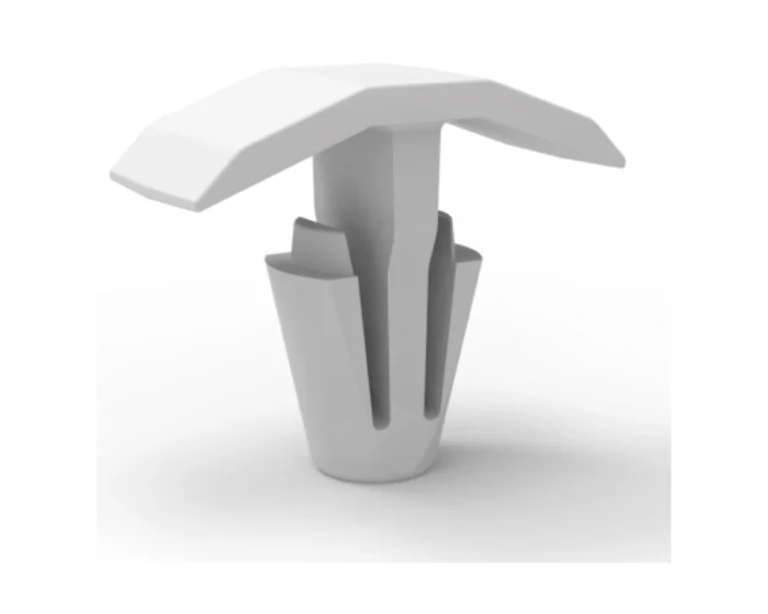 White push-in PCB mounting clip with a split retaining stem for an LED module board