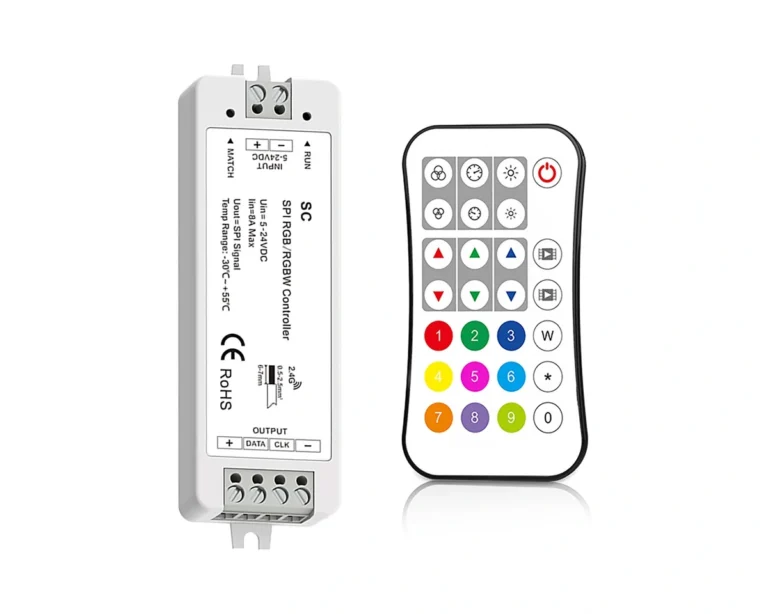 LED controller with a white housing and handheld colour-control remote