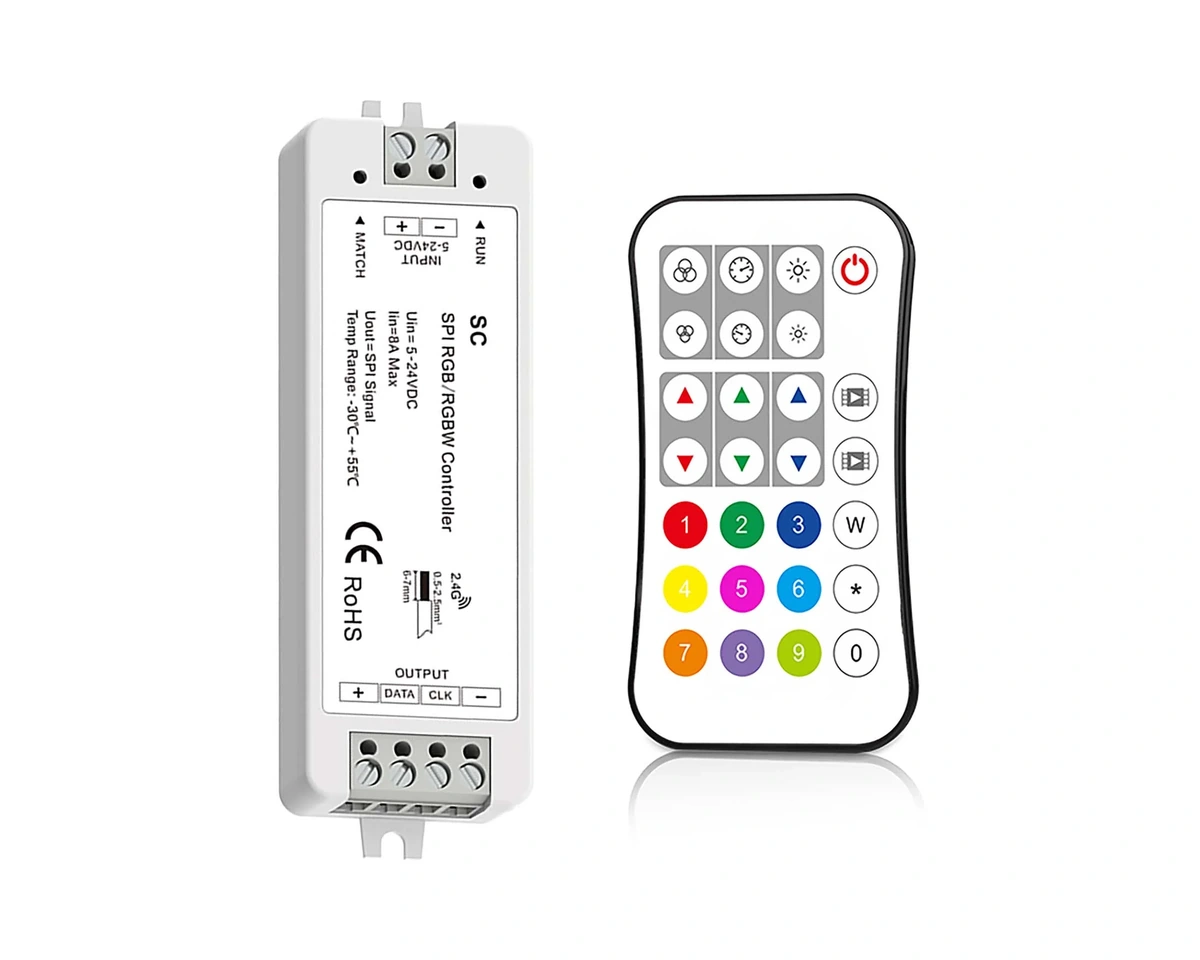 LED controller with a white housing and handheld colour-control remote