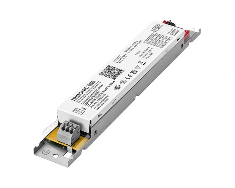 Tridonic DALI dimming LED driver with a slim white housing and terminal blocks